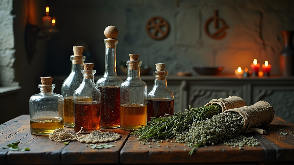 A collection of old potion bottles and herb bundles on a wooden table, with dim candlelight and mystical symbols carved in stone in the background.
