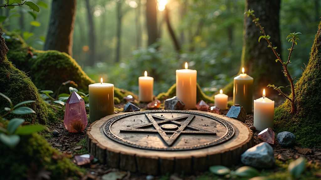 An altar setup with candles, crystals, and a pentacle, surrounded by nature in the background