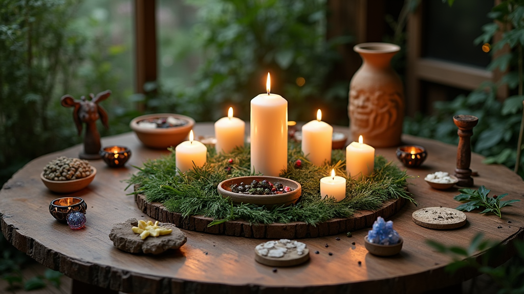 An altar with candles, herbs, and crystals arranged in a circle on a wooden table, surrounded by greenery and mystical symbols.