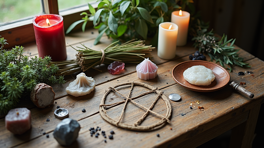 Assorted witchcraft tools: crystals, candles, bundles of herbs, and a pentacle on a rustic wooden table