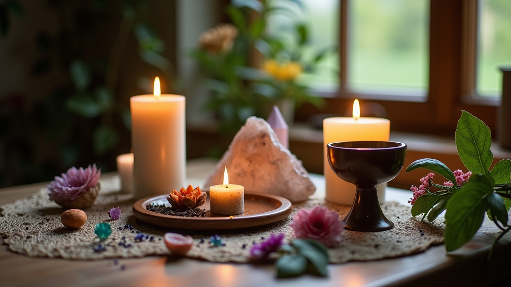 wicca altar with candles, crystals, and nature elements